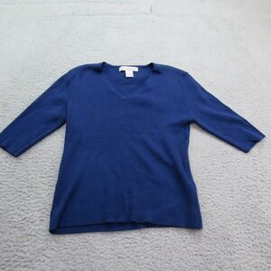 Linda Matthews XL Blue Ribbed Knit‎ Top V-Neck 3/4 Sleeve Cotton Casual Classic